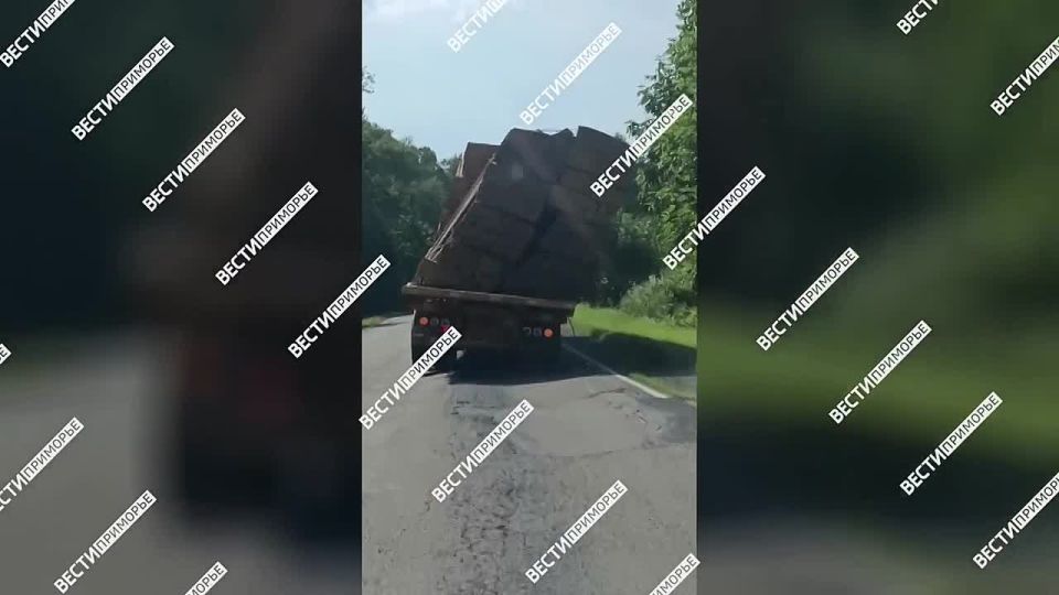 Большегруз с пиломатериалами из-за смещения груза едва не перевернулся прямо находу в районе села Каменка на трассе Осиновка - Рудная Пристань в Приморском крае