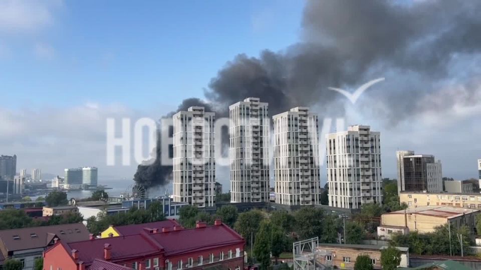С набережной Спортивной гавани виднеется чёрный столб дыма