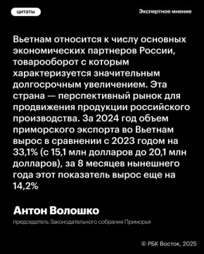 Взаимный торговый оборот Приморского края и Вьетнама год к году вырос на 35,8% и достиг 151,6 млн долларов за 8 месяцев 2025-го