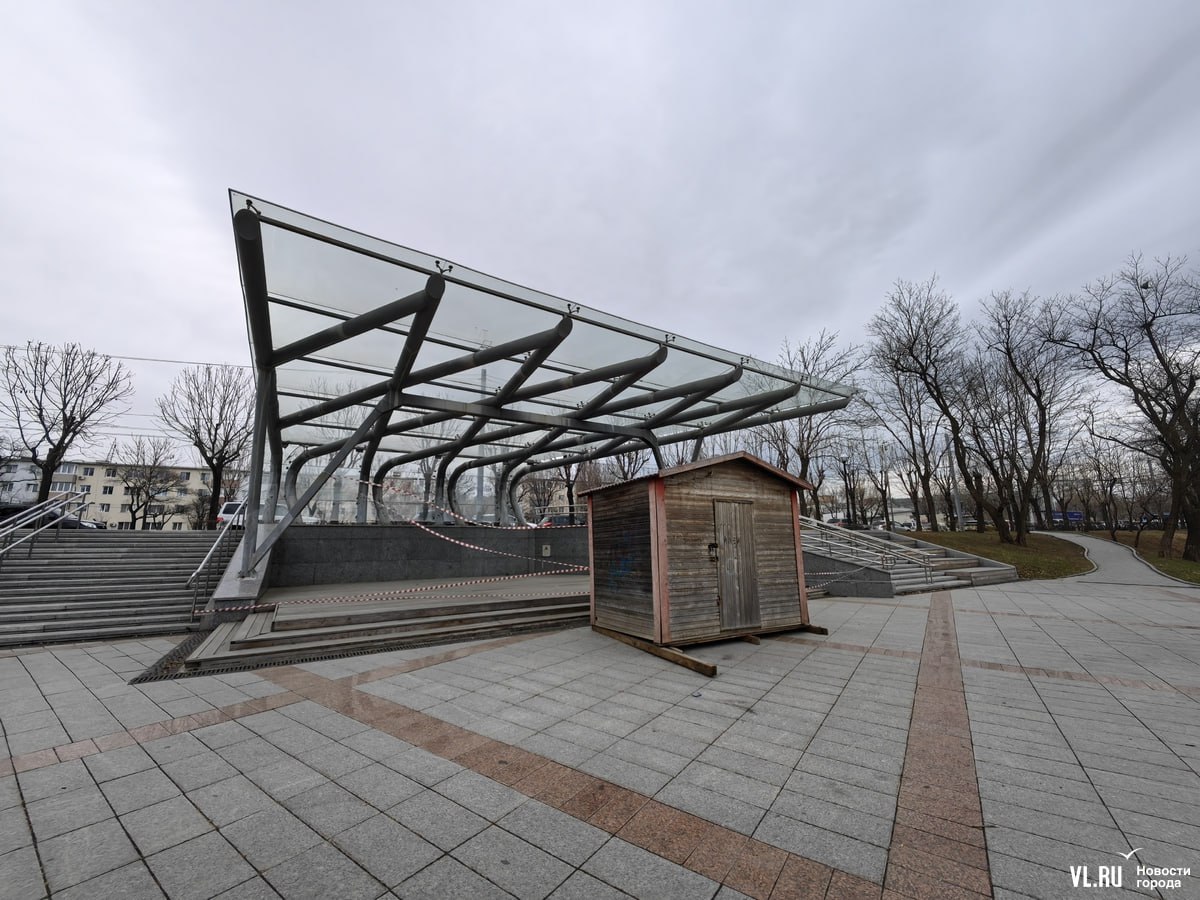 Вместо обещанного ремонта у сцены перед Домом молодёжи во Владивостоке поставили деревянную будку Вместо обещанного ремонта у сцены перед Домом молодёжи во Владивостоке поставили деревянную будку