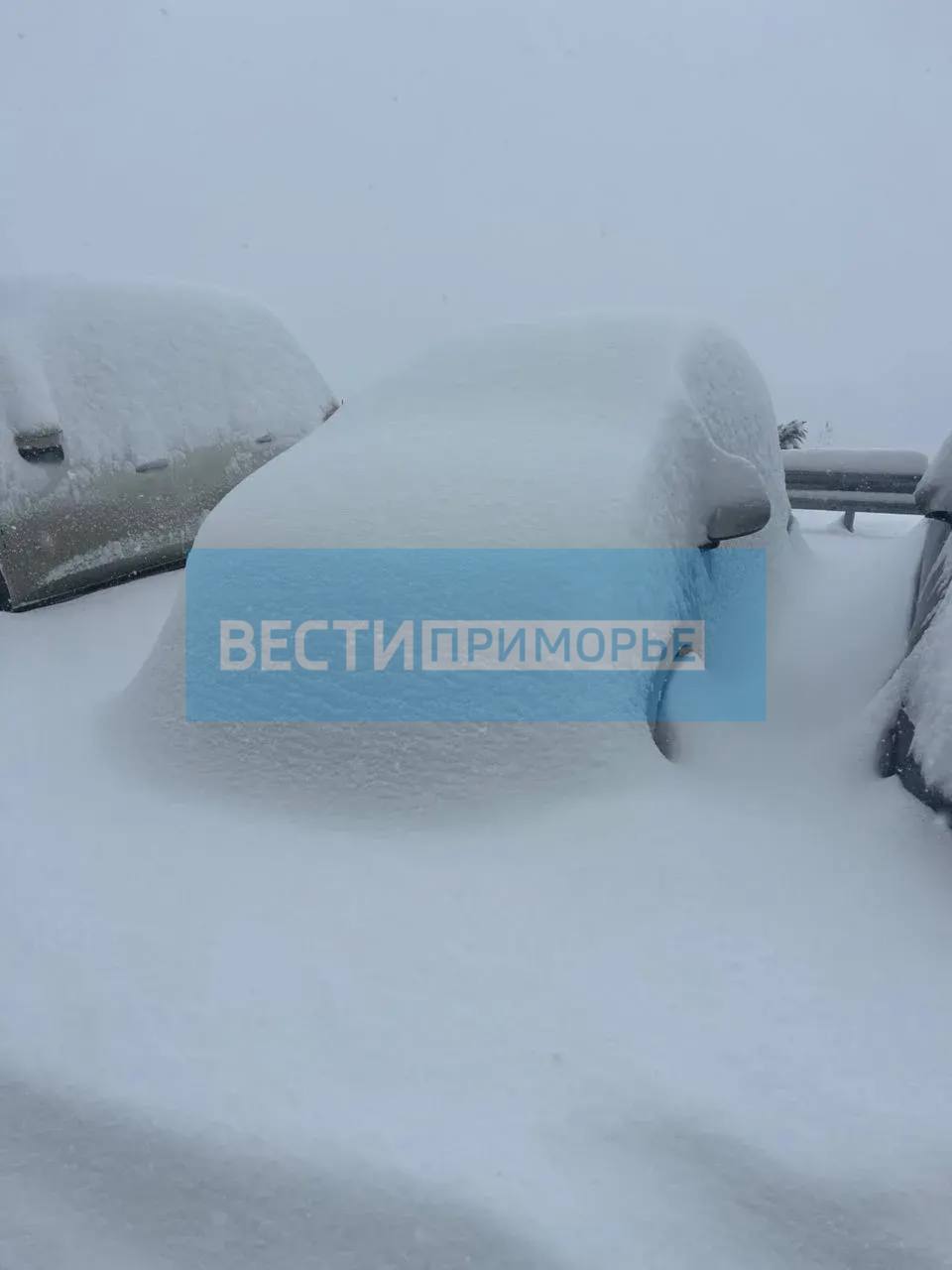 Под снег уходят тротуары, лестницы и автомобили