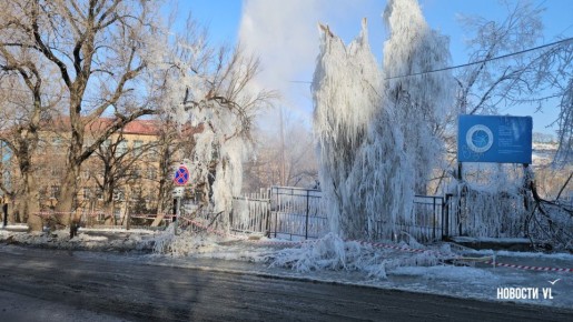 Возле школы для одарённых детей на Заре бьёт фонтан – прорвало теплотрассу, и вода льётся на дорогу