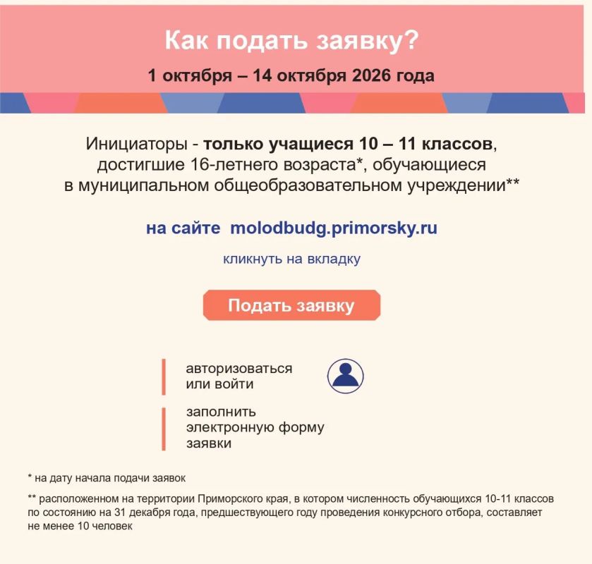 1 октября, начинается прием заявок на конкурс инициативного бюджетирования «Молодежный бюджет», инициированного председателем правительства Приморского края Верой Щербина 1 октября, начинается прием заявок на конкурс инициативного бюджетирования «Молодежный бюджет», инициированного председателем правительства Приморского края Верой Щербина