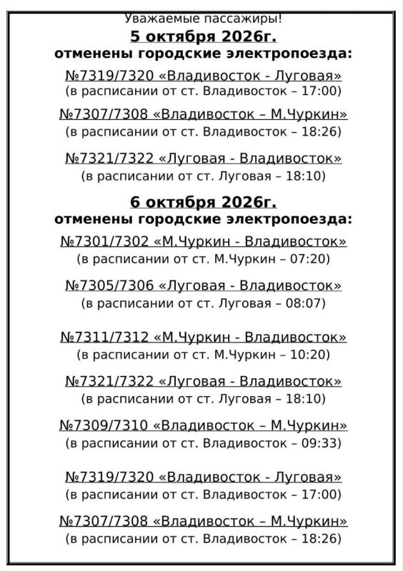 Несколько чуркинских электричек во Владивостоке отменили 5 и 6 октября из-за ремонта путей