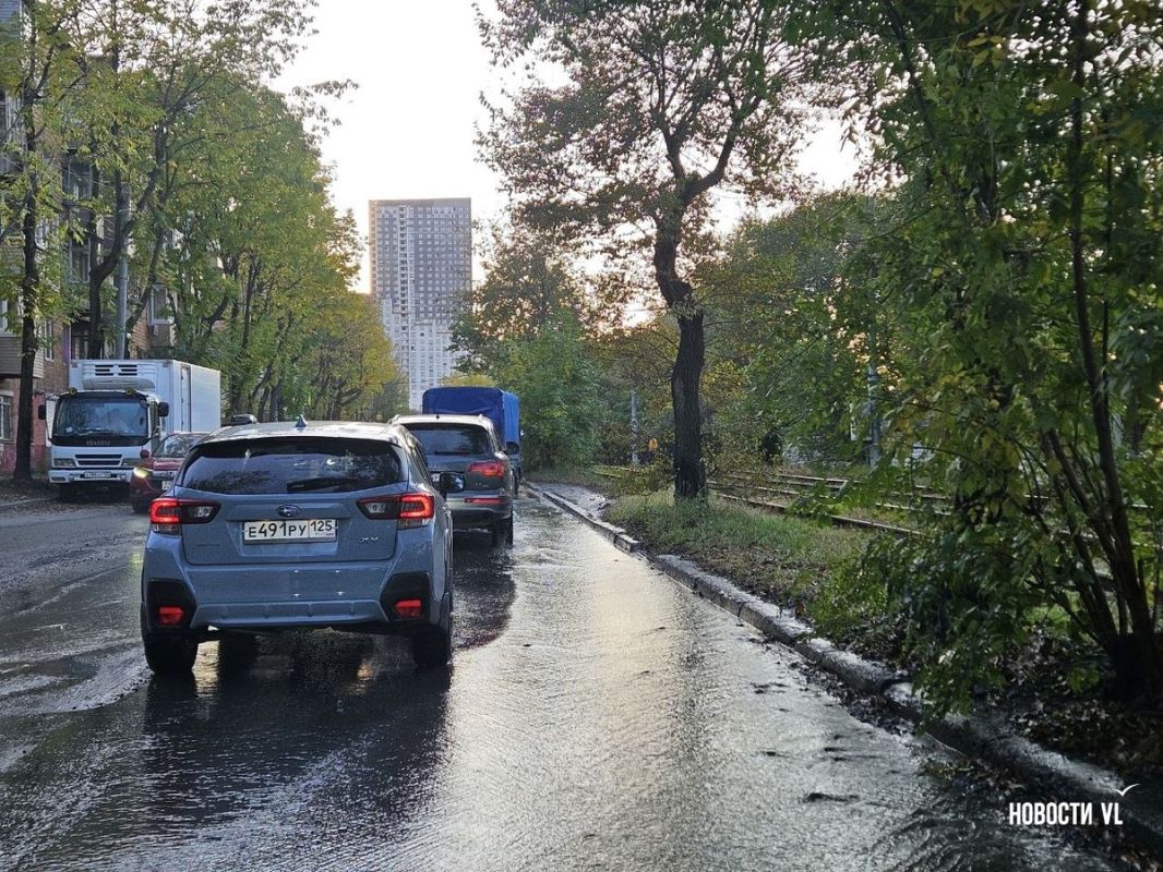 Улицу Борисенко во Владивостоке затопило водой в районе остановки "Новожилова"