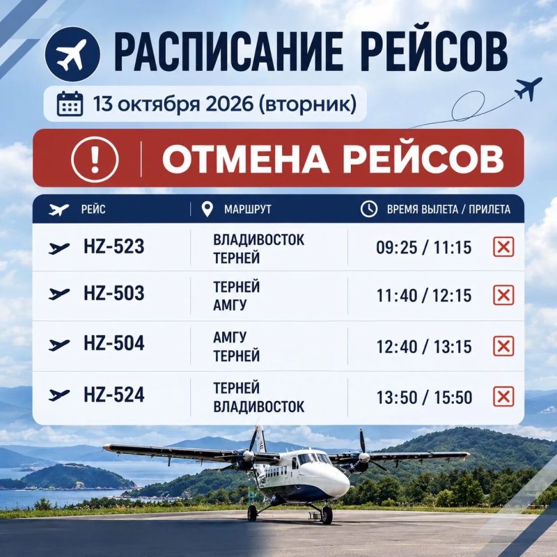 В связи с неблагоприятными погодными условиями сегодня отменены четыре авиарейса по маршрутам Владивосток – Терней – Амгу и обратно