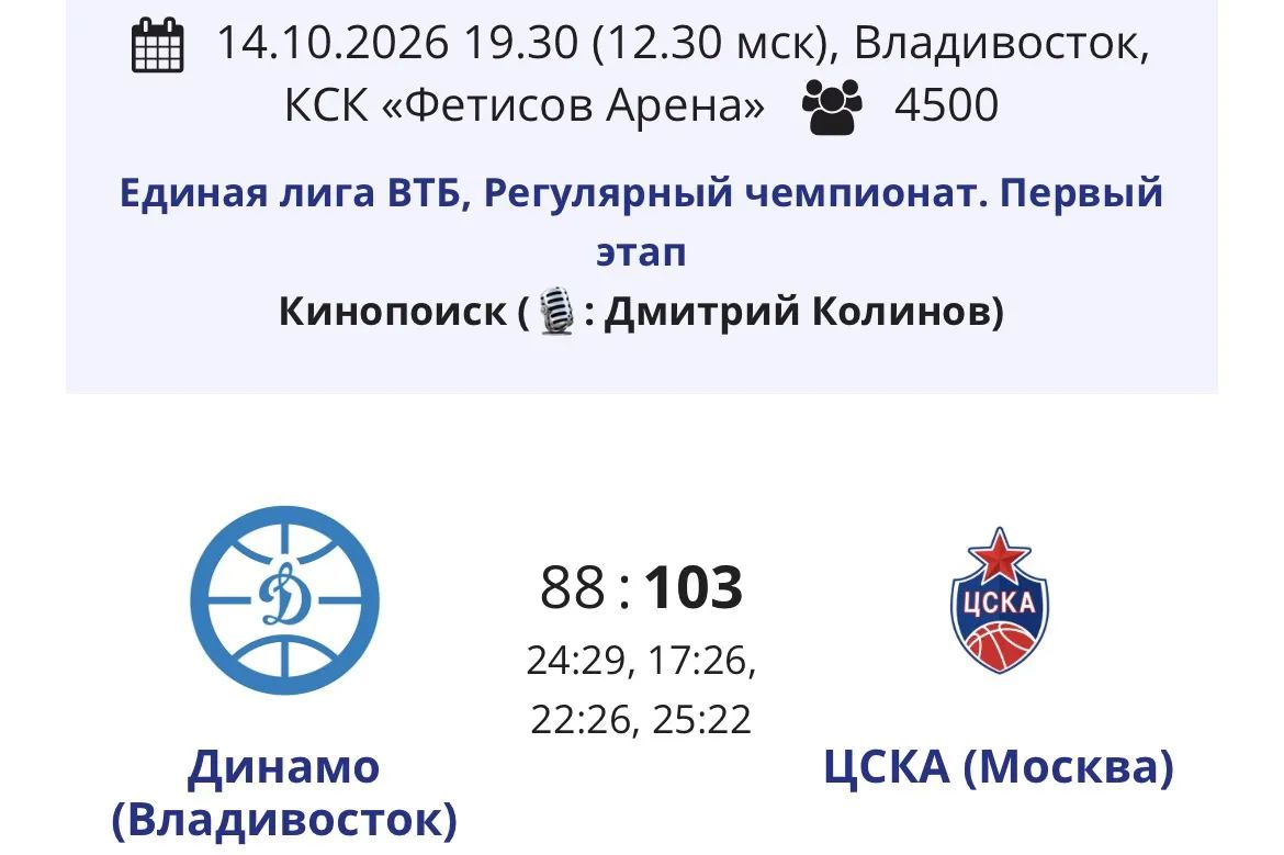 В первом домашнем матче регулярного первенства Единой лиги ВТБ на паркере «Фетисов Арены» владивостокское «Динамо» противостояло легендарному московскому ЦСКА