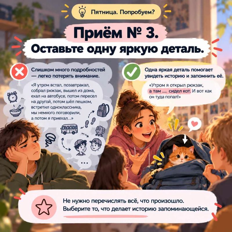 Пятница. Попробуем?. Почему одни истории слушают с интересом, а другие — нет? Дело не всегда в самом событии, а в том, как мы о нём рассказываем Пятница. Попробуем?. Почему одни истории слушают с интересом, а другие — нет? Дело не всегда в самом событии, а в том, как мы о нём рассказываем
